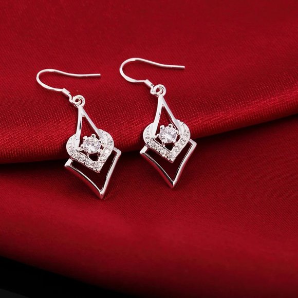 Fine Silver Jewelry - Cute Sterling Silver Small Point & Hear Drop Earrings CZ Stud " Hypoallergenic "